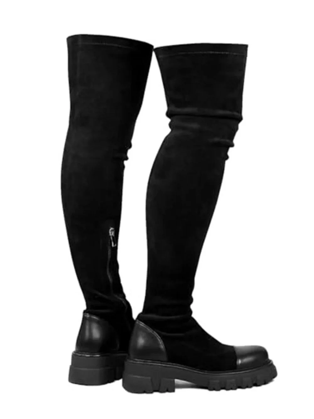 Women's Black Thigh High Boots Platform Over The Knee High Boots Lug Sole
